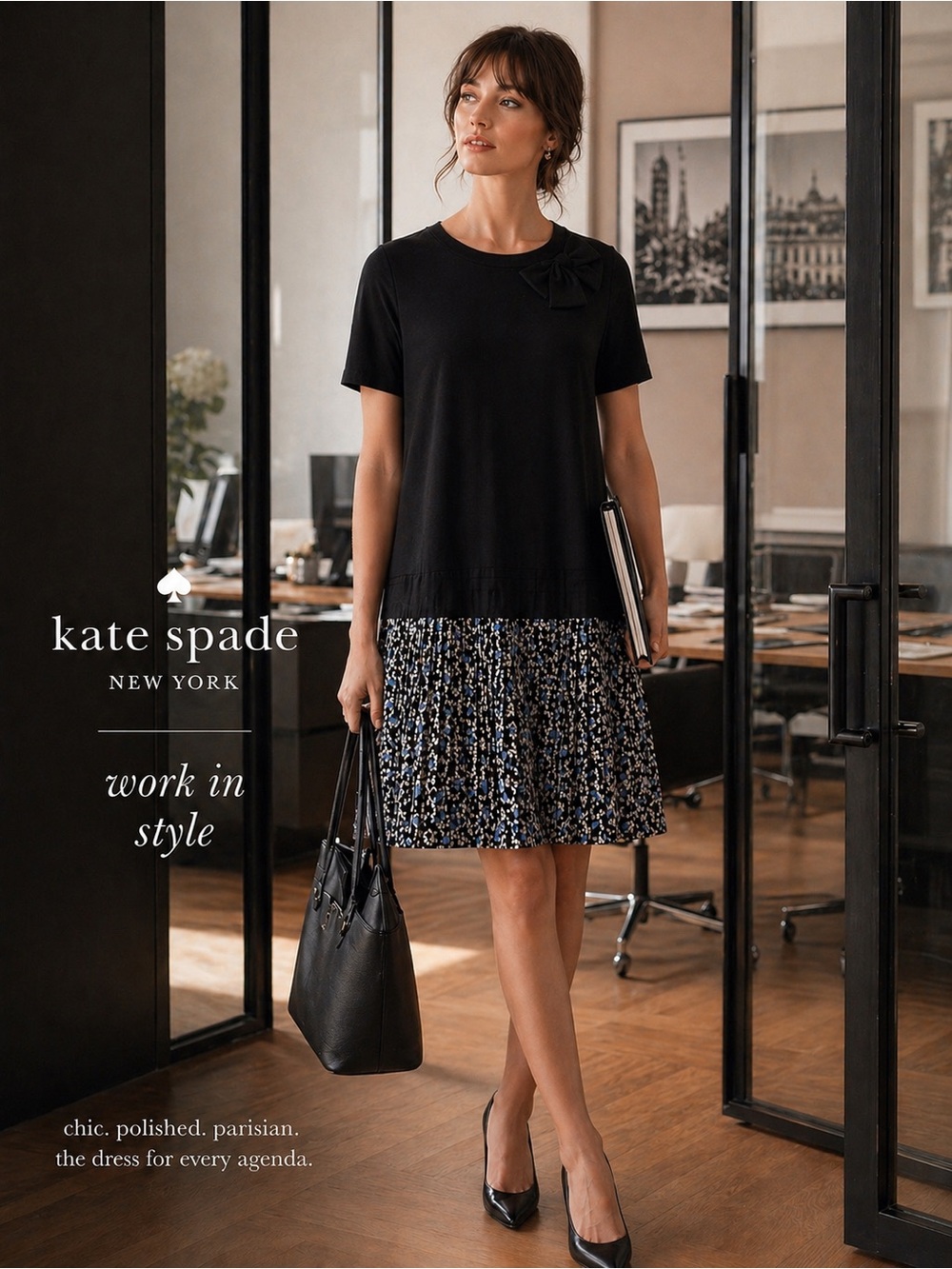 Kate Spade Drop Waist Black Knit + Patterned Pleated Dress - Size Medium